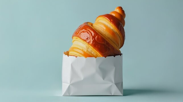 Fresh Croissant in Paper Bag, A single, golden-brown croissant rests inside a white paper bag against a light blue background.