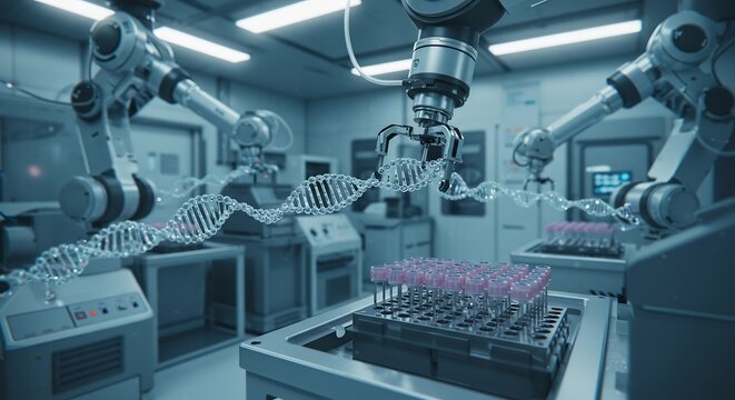 Automated DNA Manipulation: Robotic Arms in Advanced Biotech Lab - Powered by Adobe