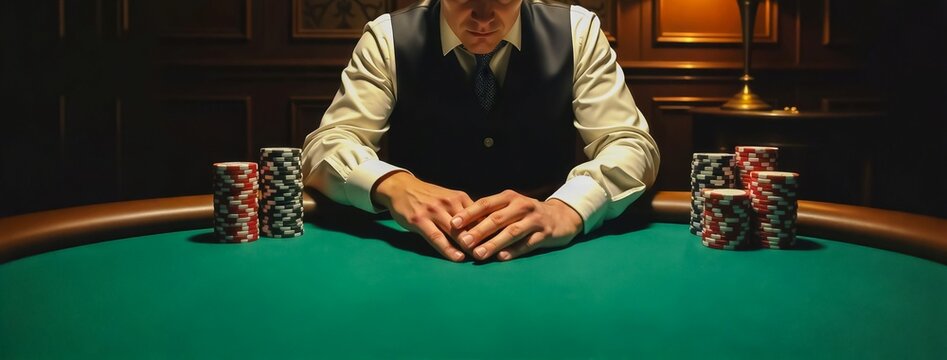 Poker Player - Intense Focus at the Table, A man in a suit and tie sits at a green poker table, surrounded by stacks of poker chips.