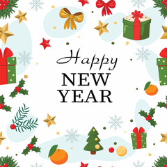 Seamless New Year pattern with stars, trees, gifts and happy new year inscription