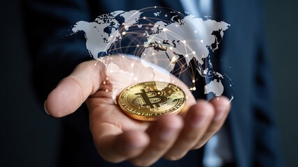 Man holding a gold bitcoin coin with a global network overlay