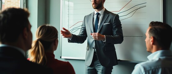Business Presentation - Data Analysis , A professional man in a gray suit gives a presentation using a whiteboard with a graph. 
