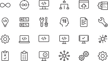 Minimalistic vector outline of application development icons depicting programming, code, database management, and testing for software, automation, and system configuration.