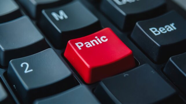 Red Panic Button on Gaming Keyboard , Close-up shot of a red panic button prominently featured on a black gaming keyboard.