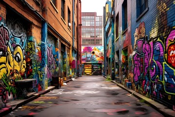 Fototapeta premium Graffiti Alley: An urban alley adorned with vibrant graffiti, capturing the raw and expressive nature of street art in an urban setting