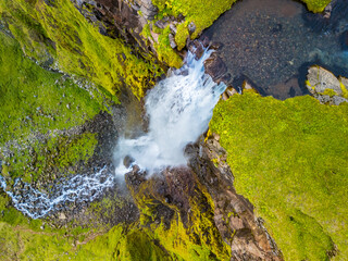 Aerial drone view of a waterfall Bjarnarfoss in Snaefellsnes Peninsula.