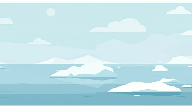 Arctic scene with icebergs in blue water mountains in the background and clouds in the sky