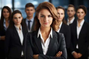 Fototapeta premium Businesswoman stands confidently with her arms crossed in front of her team in a modern office setting