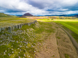 Areal view of Gerduberg basalt column cliffs, Snæfellsnes Peninsula, Iceland