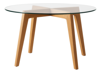 Dining table with a round glass top and wooden legs for an apartment kitchen.