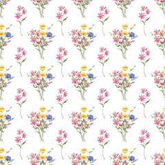 Seamless floral pattern minimalist repeating background with watercolor flower and leaf bouquets. Fabric wallpaper print texture. Perfectly for backdrop, wrapped paper.