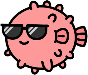  바다에 사는 해양생물 캐릭터 선글라스를 쓴 복어 일러스트