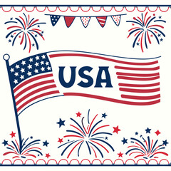 4th of July border, USA banner, fireworks pattern background 