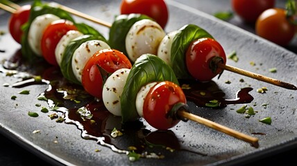 Fresh caprese skewers — alternating cherry tomatoes, mozzarella balls, and basil leaves, drizzled with balsamic glaze 3