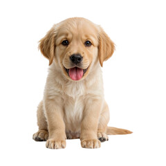 Adorable golden retriever puppy sitting with tongue out isolated on a transparent background