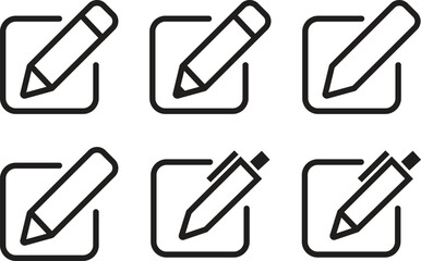 Edit icon set. Edit text buttons isolated on transparent background. Notepad edit documents icon with pencil and pen. Create modify pen sign button. Writing, drawing, editing vector illustration.