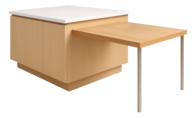 Kitchen island with an attached dining table, offering dual functionality in a compact apartment.