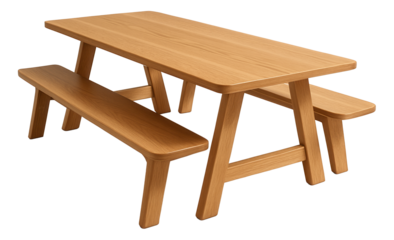 A picnic-style dining table with built-in benches, suitable for a casual, family-friendly dining room in a suburban home.