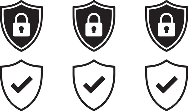 Secure shield symbols are displayed in a repeating pattern, representing protection and verification, suitable for technology, internet security or business process concepts on a white background.