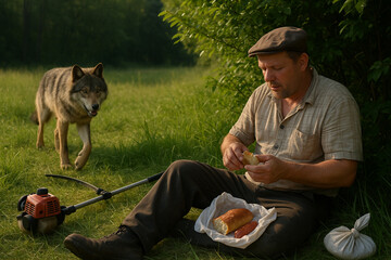 
wolf and man in haymaking