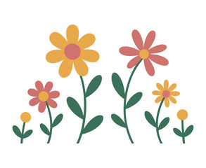 Cute Colorful Flat Design Flowers with Simple Shapes Four stylized flowers warm colors simple green leaves flowers floral illustration design spring summer cute