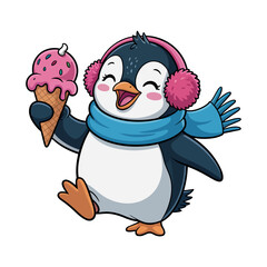 Cute Cartoon Penguin with Pink Ice Cream Cone and Winter Accessories happy penguin character holding ice cream cone penguin cartoon cute ice cream
