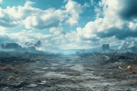 Landscape transformed by nuclear fallout with remnants of buildings under a cloudy sky, landscape scarred by nuclear fallout, Seamless ing Photo background