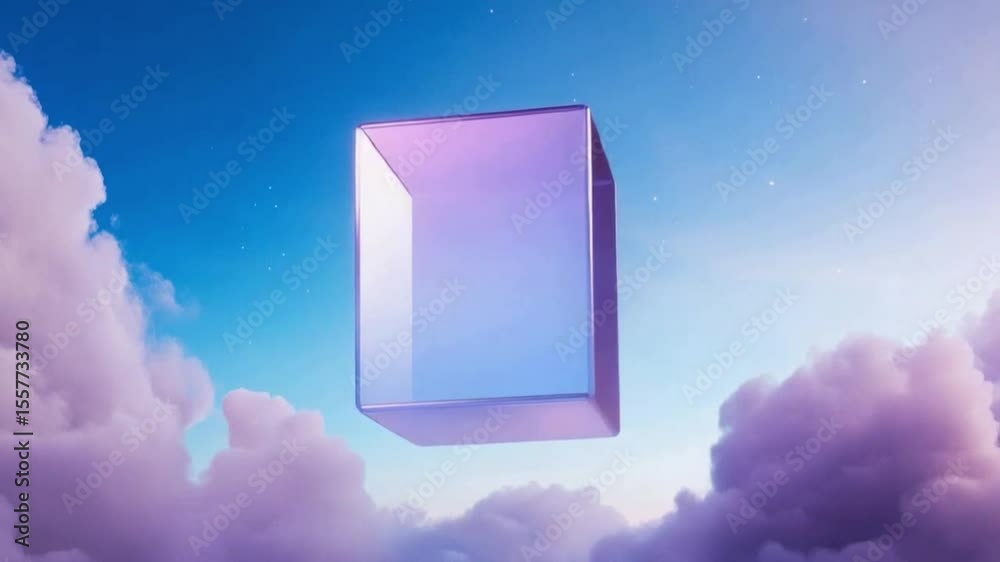 Poster Floating Cube in Dreamscape: A geometric cube floats gracefully amidst a dreamy skyscape, illuminated by soft, ethereal light. This captivating image represents innovation, potential and imagination.
