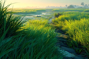 A lush green rice field swaying calmly in the breeze under golden sunlight.