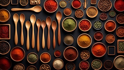 A Colorful Assortment of Spices and Wooden Spoons on a Dark Surface