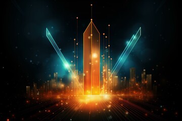 Orange glowing structure rising above futuristic city skyline, symbolizing innovation and technological advancement