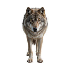 Majestic grey wolf with amber eyes standing alert isolated on a transparent background