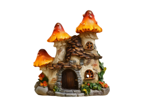 Resin mushroom fairy house isolated on transparent or white background, png