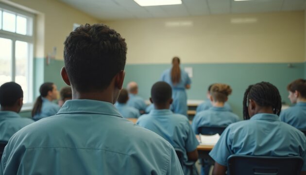 Inmates attend GED preparation class prison. Students in blue uniforms concentrate, focus on education. Teacher in front. Classroom scene shows educational opportunity, second chance, rehabilitation