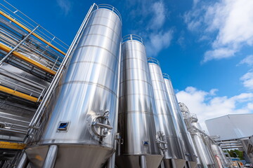 A row of tall stainless steel silo tanks at a food production factory, with connecting pipes, scaffolding.