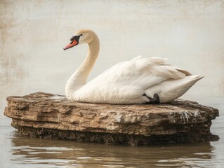 Elegant swan resting on a rock in a serene water scene