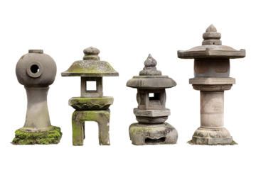 Collection set of traditional Japanese stone lanterns isolated on transparent or white background, png