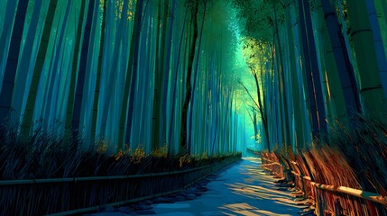 A narrow path winding through a bamboo forest.