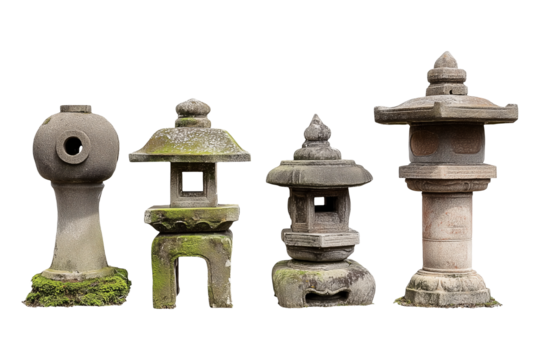 Collection set of traditional Japanese stone lanterns isolated on transparent or white background, png