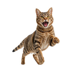 Tabby cat leaping with mouth open and yellow eyes isolated on a transparent background