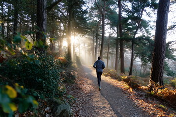 A fit person jogging on a forest trail during early morning, mist rising from the ground, with sunlight filtering through the trees and leaves.