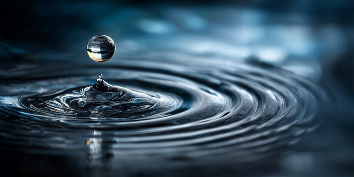 A single water droplet suspended above the surface, creating ripples