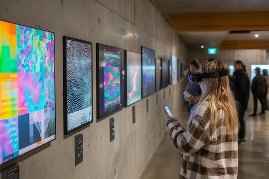 A digital art gallery displaying vibrant NFT artworks on high-resolution screens mounted on sleek walls, with visitors viewing and interacting using AR glasses and smartphones. - Powered by Adobe