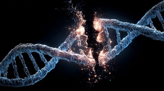 Abstract representation of DNA mutation leading lung cancer double helix breaking apart with glowing genetic errors set against a black background biotech concept art - Powered by Adobe