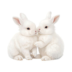 Two fluffy white bunnies cuddling closely together isolated on a transparent background