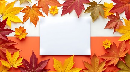 Colorful autumn leaves surround a blank white card isolated on a twotoned background