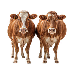 Two brown cows with white markings standing isolated on a transparent background