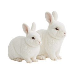 Two fluffy white rabbits sitting together isolated on a transparent background bunnies