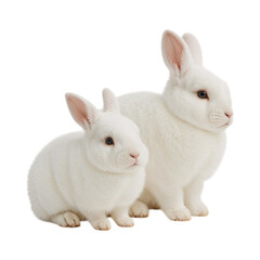 Two white rabbits sitting together isolated on a transparent background fluffy cute