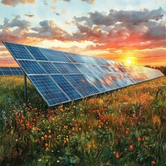 Solar panels in a field at sunset